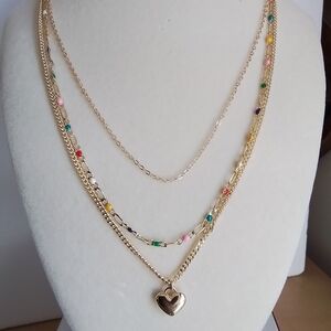 Pretty Bird Gold Layered Necklace with Multicolor Beads and Heart Pendant